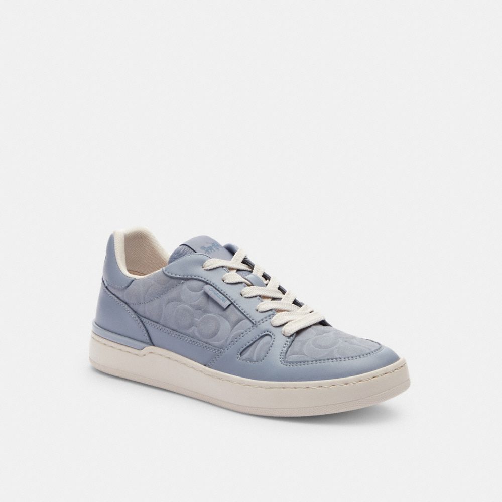 COACH®,CLIP COURT LOW TOP SNEAKER IN SIGNATURE SUEDE,Mixed Materials,Grey,Front View