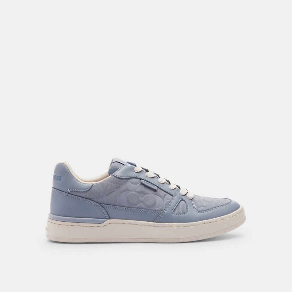 COACH®,CLIP COURT LOW TOP SNEAKER IN SIGNATURE SUEDE,Grey,Angle View
