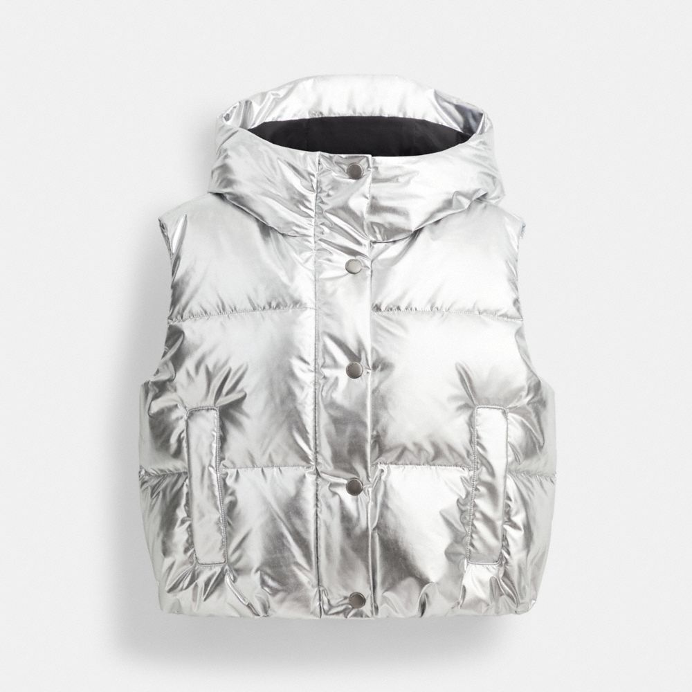 COACH®,PUFFER VEST IN SILVER METALLIC,Silver,Front View