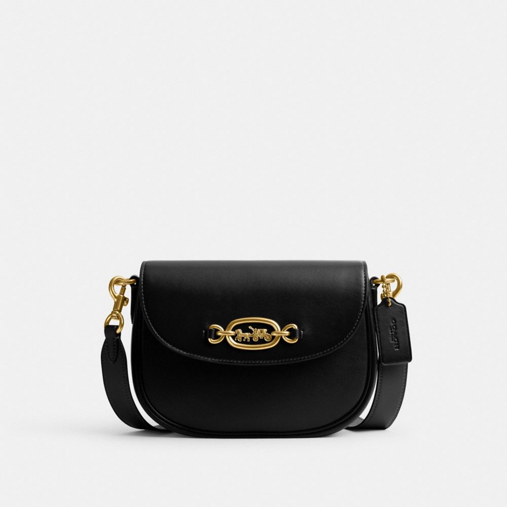 COACH®,HARLEY CROSSBODY BAG,Glovetan Leather,Medium,Brass/Black,Front View