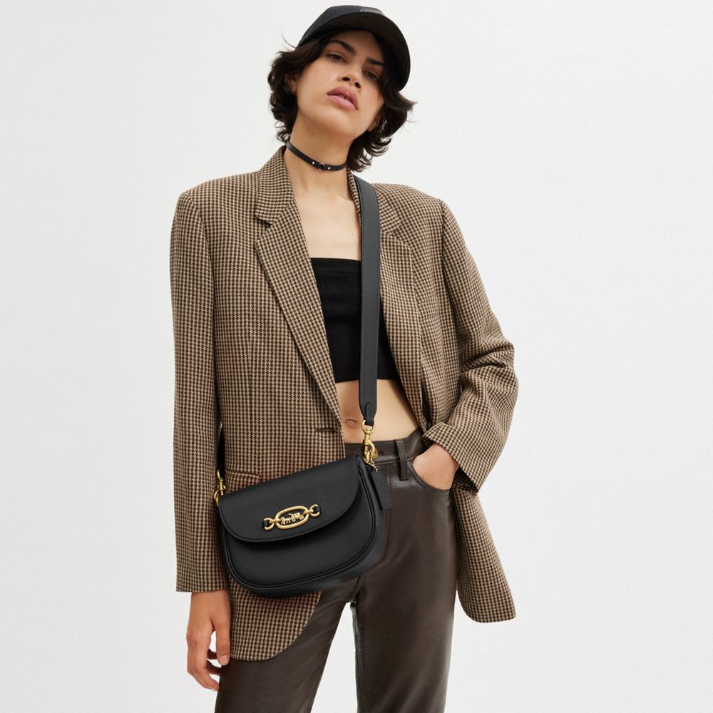 COACH®,Harley Crossbody Bag,Leather,Saddle Bag,Metal,Logo,Embossed,Adjustable,Brass,Casual,Black,Detail View