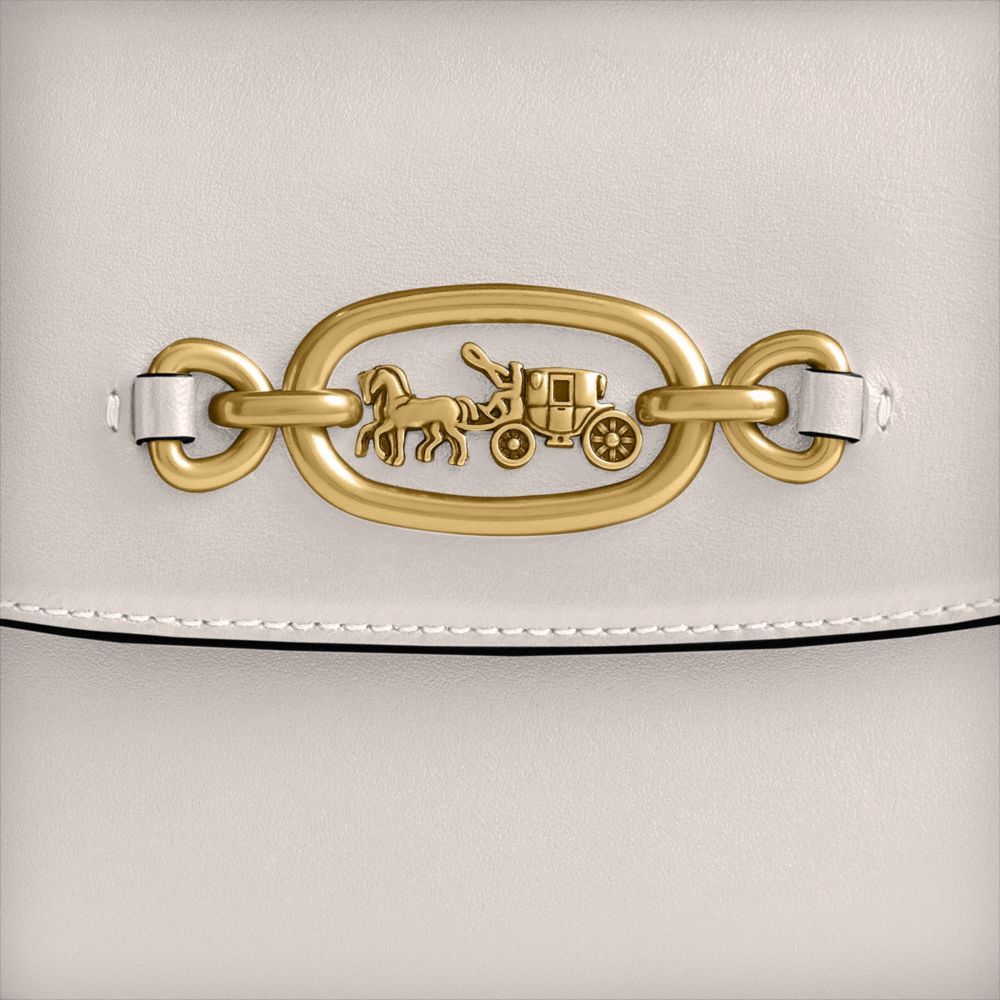 COACH®,Harley Crossbody Bag,Leather,Saddle Bag,Metal,Logo,Embossed,Adjustable,Brass,Casual,White,Closer View