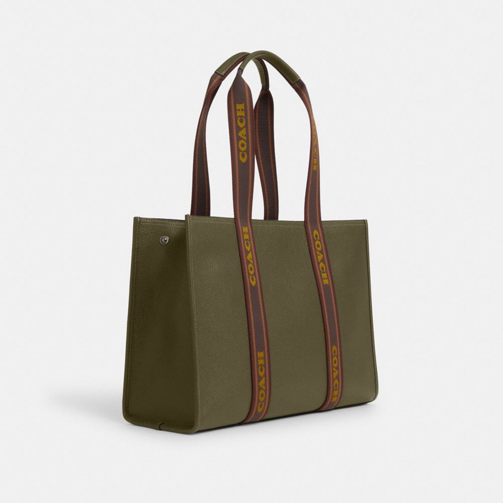COACH®,LARGE SMITH TOTE BAG,Pebbled Leather,X-Large,Gunmetal/Olive Drab,Angle View
