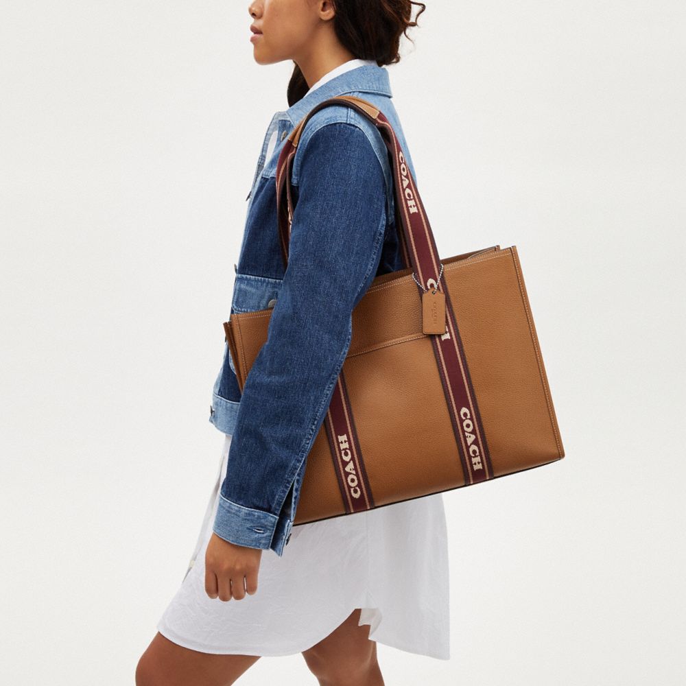 COACH®,Large Smith Tote Bag,Leather,Tote,Word Embellishment,Stripe,Gusset,Silver Metal,Casual,Brown,Detail View