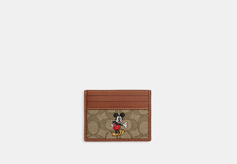 COACH®,DISNEY X COACH SLIM ID CARD CASE IN SIGNATURE JACQUARD WITH MICKEY MOUSE PRINT,Jacquard,Brass/Khaki Multi,Front View