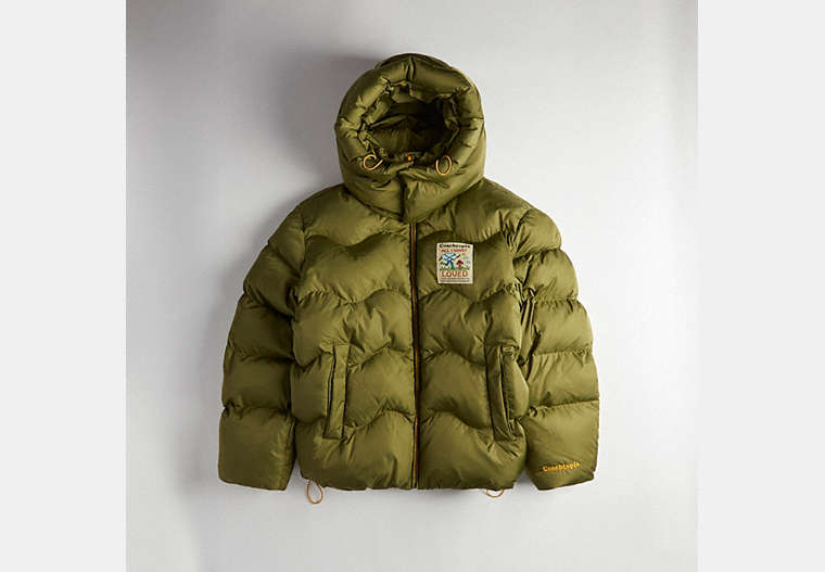 COACH®,Coachtopia Loop Quilted Puffer Jacket,Polyester,Olive Green,Front View