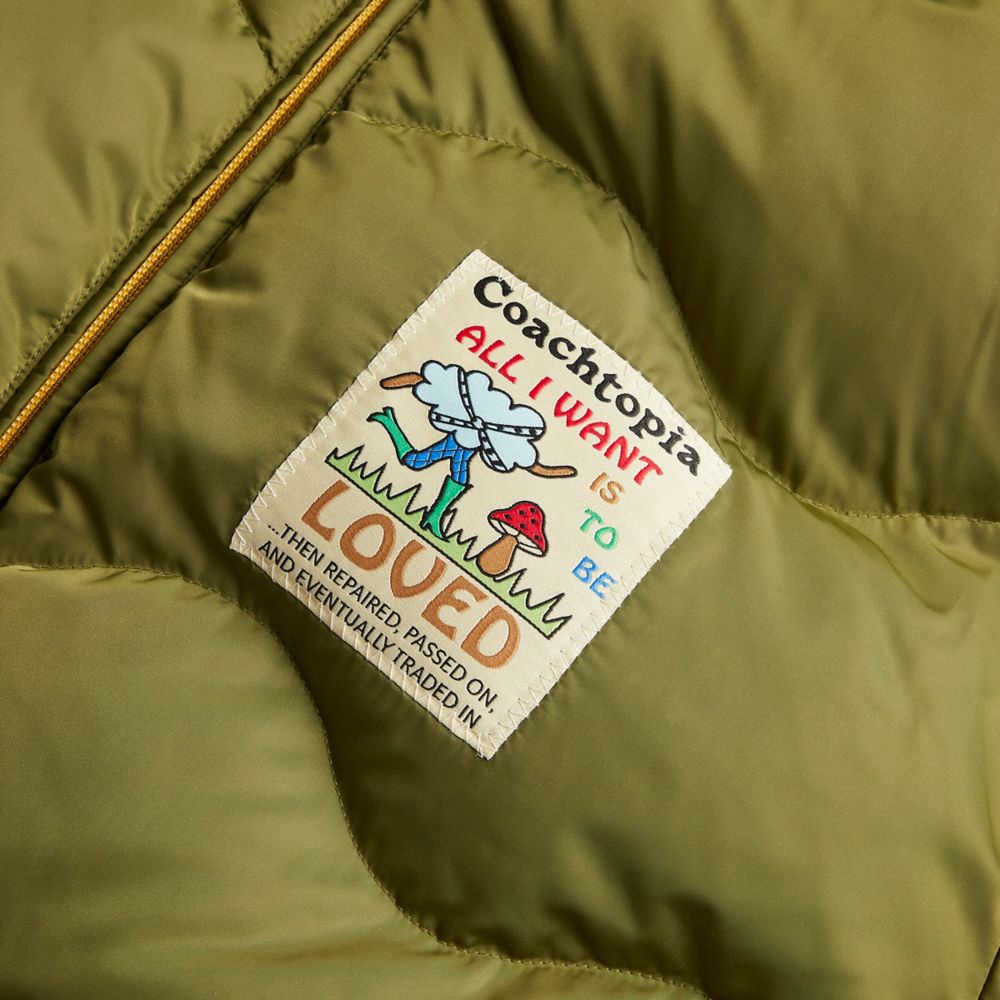 COACH®,Coachtopia Loop Quilted Puffer Jacket,Recycled Polyester,Quilted,Down,Puffer,Drawstring,Tag Embellishment,Sustainab...,Olive,Closer View
