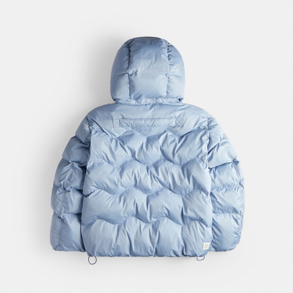 COACH®,Coachtopia Loop Quilted Puffer Jacket,Recycled Polyester,Quilted,Down,Puffer,Tag Embellishment,Drawstring,Eco-Frien...,Blue,Back View