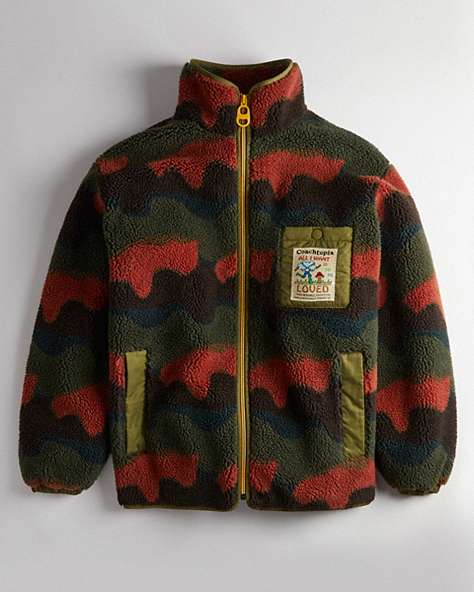 COACH®,Coachtopia Loop Fleece Jacket with Wavy Print,Polyester,Deep Orange/Black Multi,Front View