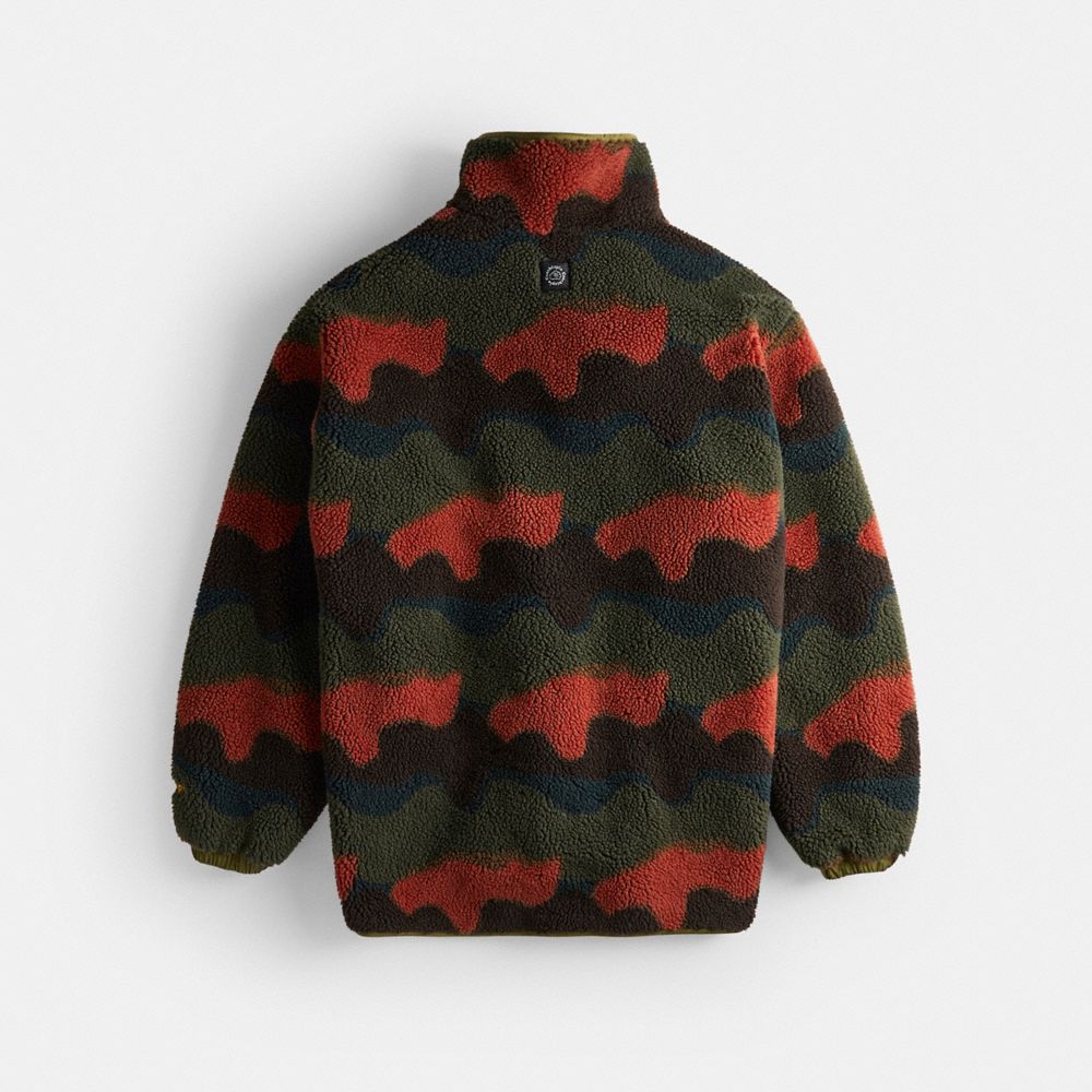 COACH®,Coachtopia Loop Fleece Jacket With Wavy Print,Recycled Polyester,Teddy,Logo,Mixed Media,Tag Embellishment,Piping,Co...,Multi Color,Back View