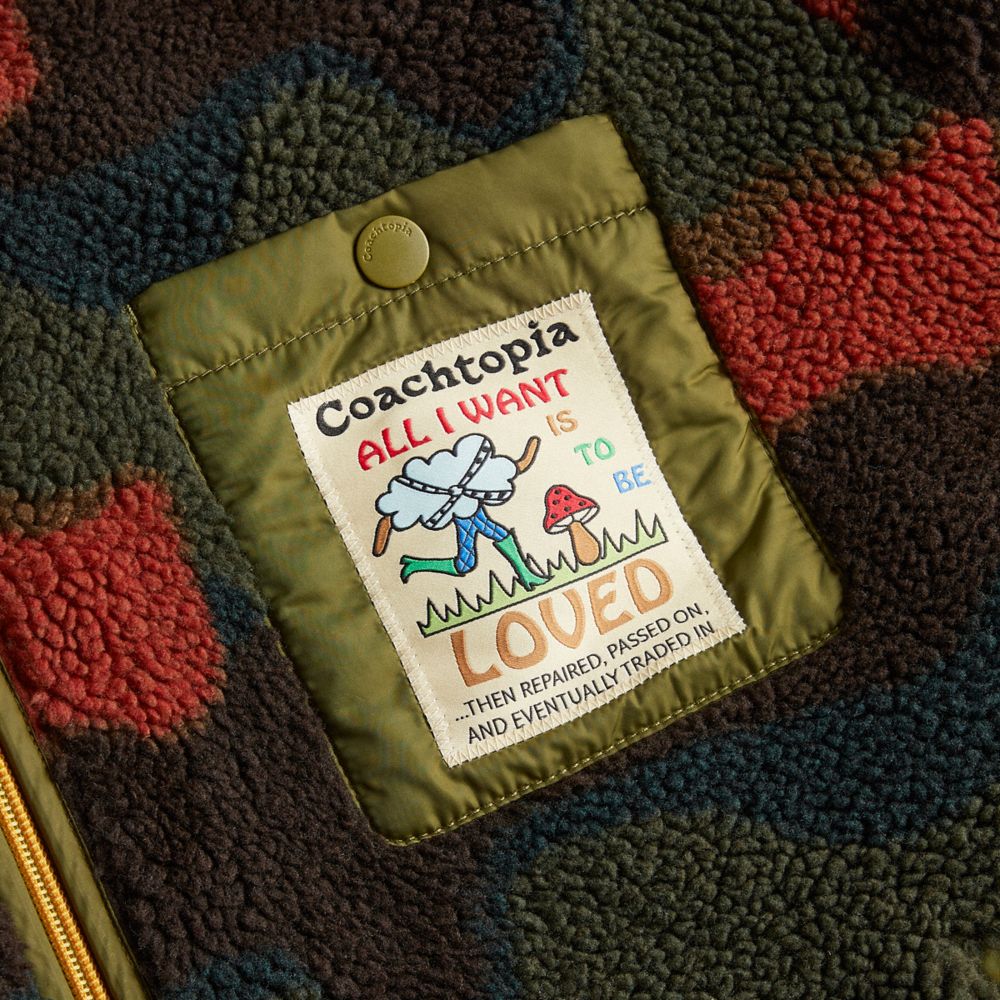 COACH®,Coachtopia Loop Fleece Jacket With Wavy Print,Recycled Polyester,Teddy,Logo,Mixed Media,Tag Embellishment,Piping,Co...,Multi Color,Closer View