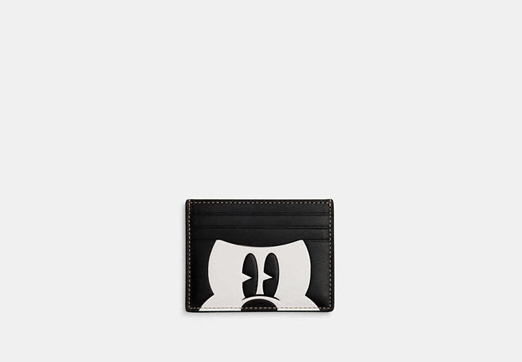 COACH®,DISNEY X COACH SLIM ID CARD CASE WITH MICKEY MOUSE,Leather,Gunmetal/Black/White,Front View image number 0