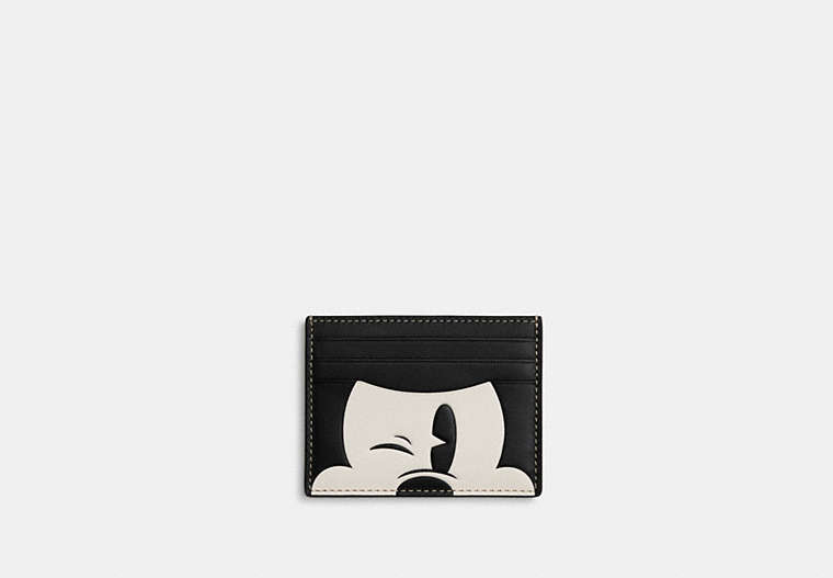 COACH®,DISNEY X COACH SLIM ID CARD CASE WITH WINK MICKEY MOUSE,Leather,Gunmetal/Black/White,Front View