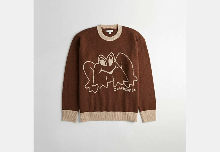 COACH®,Crewneck Sweater with Instarsia Star Frog Graphic, New Item2,Dark Brown/Camel,Front View