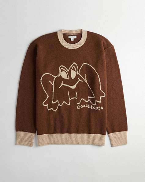 COACH®,Crewneck Sweater with Instarsia Star Frog Graphic,99% Recycled Wool,Dark Brown/Camel,Front View