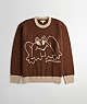 COACH®,Crewneck Sweater with Instarsia Star Frog Graphic,99% Recycled Wool,Dark Brown/Camel,Front View