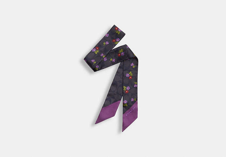 COACH®,SIGNATURE COUNTRY FLORAL PRINT SILK SKINNY SCARF,Graphite/Purple,Front View