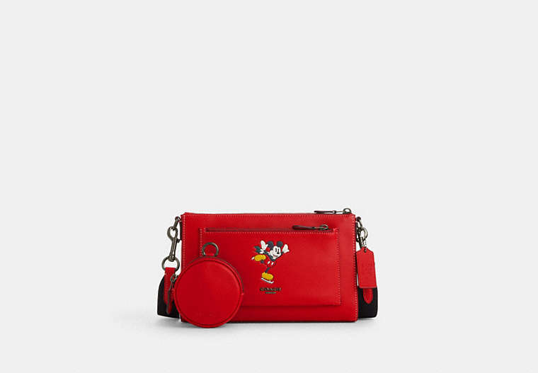 COACH®,DISNEY X COACH HOLDEN CROSSBODY WITH ICE SKATE MICKEY MOUSE,Leather,Black Antique Nickel/Electric Red Multi,Front View