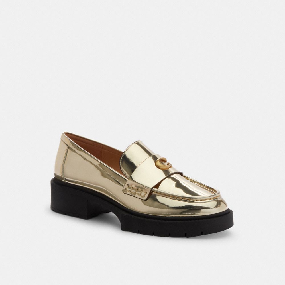 COACH®,Leah Loafer In Silver Metallic,Rubber,Loafer,Foam,Logo,Metal,Penny Loafer,Cushioned,Memory Foam Insole,Day Party,,Front View