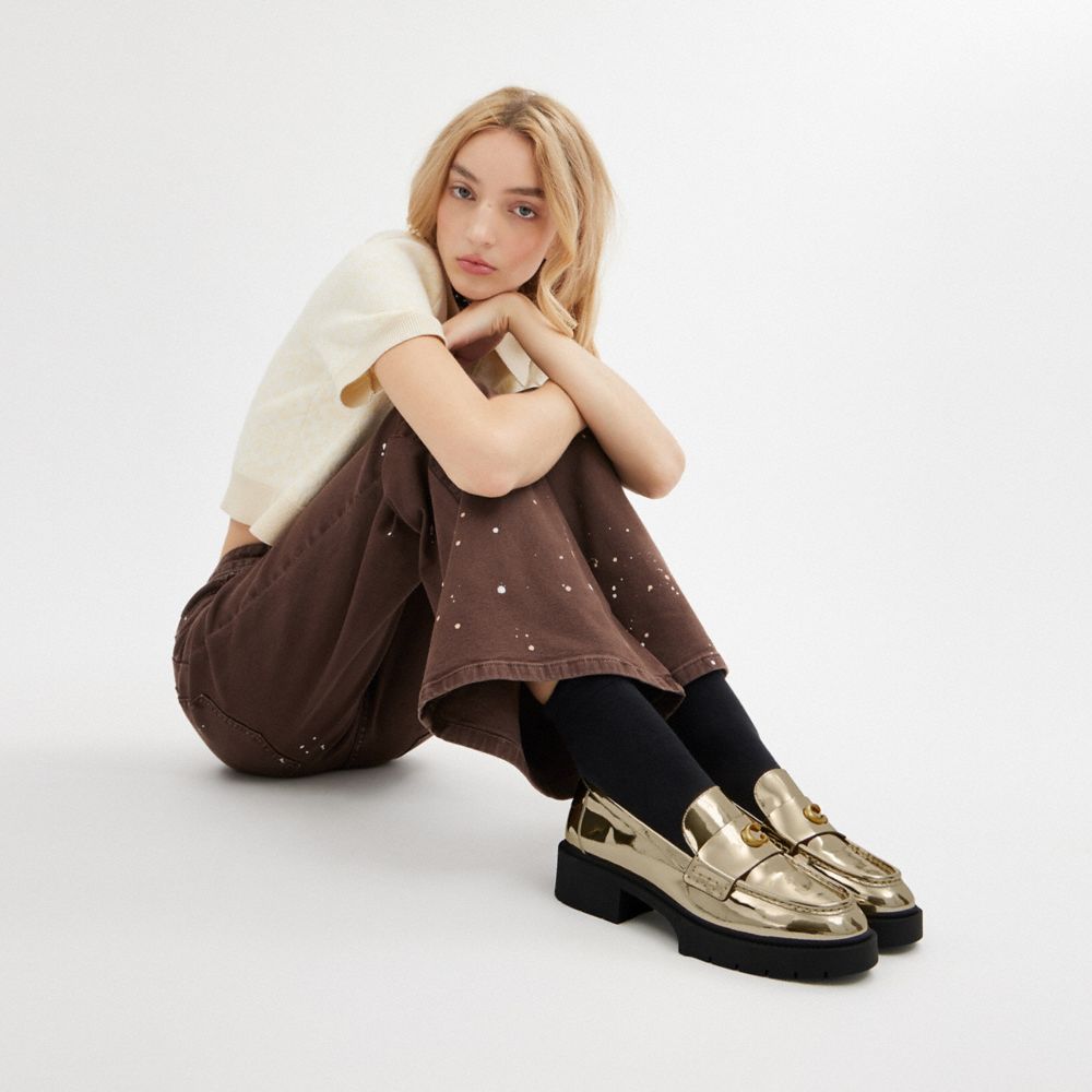 COACH®,Leah Loafer In Silver Metallic,Rubber,Loafer,Foam,Logo,Metal,Penny Loafer,Cushioned,Memory Foam Insole,Day Party,,Detail View