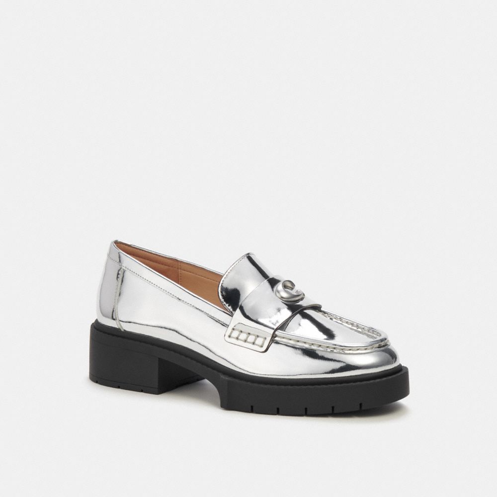 COACH®,LEAH LOAFER IN SILVER METALLIC,Leather,Silver,Front View