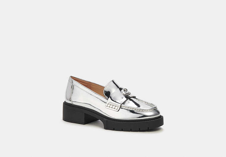 COACH®,LEAH LOAFER IN SILVER METALLIC,Leather,Silver,Front View