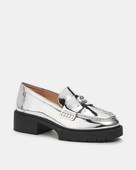 COACH®,LEAH LOAFER IN SILVER METALLIC,Leather,Night owl,Silver,Front View