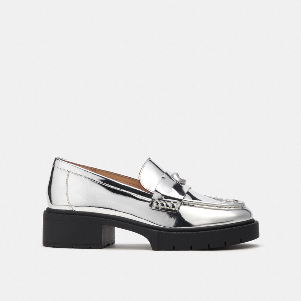 COACH®,LEAH LOAFER IN SILVER METALLIC,Leather,Silver,Angle View