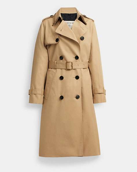 COACH®,TRENCH COAT WITH BRAIDED DETAIL,Cotton/Polyester,Khaki,Front View
