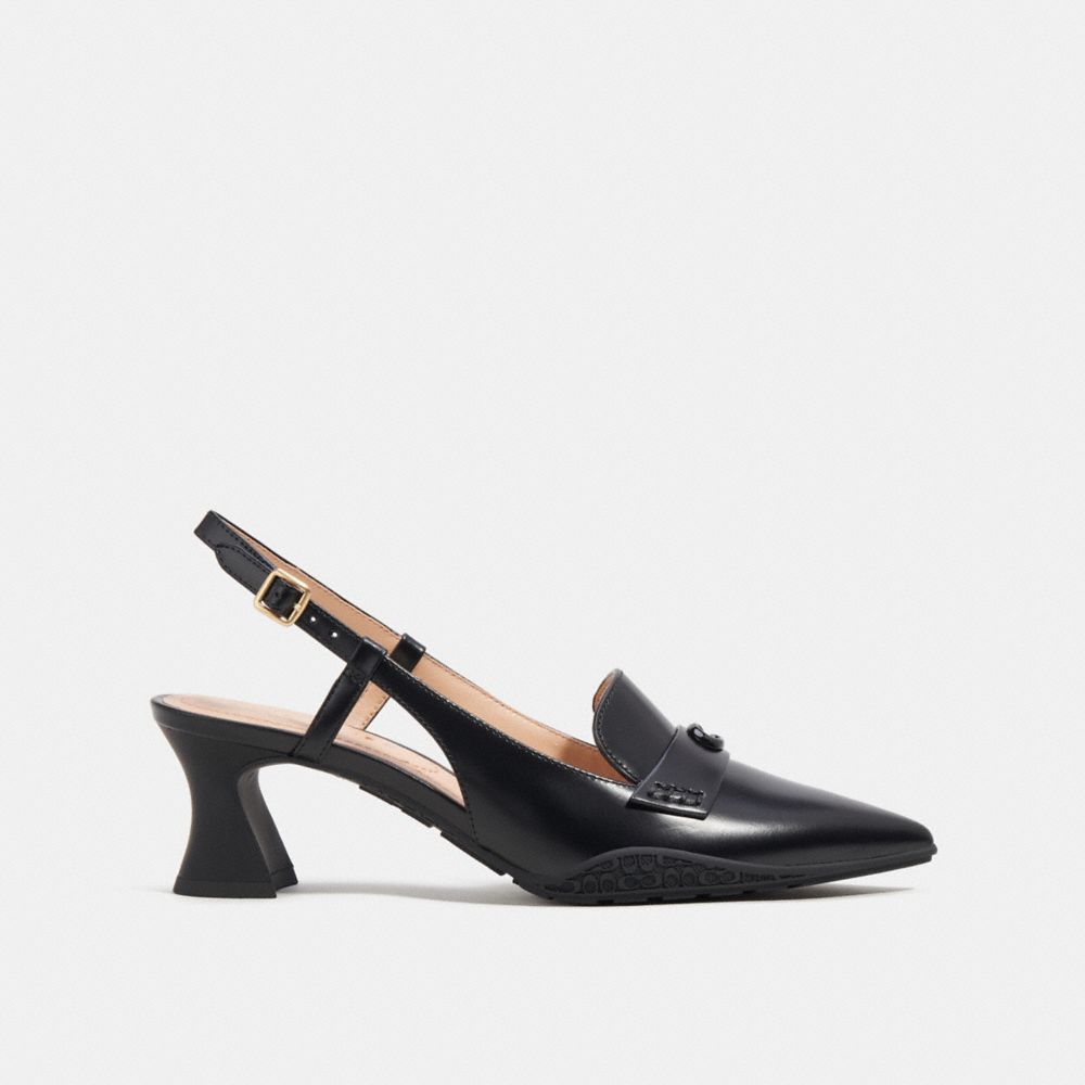 COACH®,Nikola Hybrid Slingback,Lining Leather,Leather,Rubber,Pumps,Cut Out,Embossed,Logo,Penny Loafer,Work,Black,Angle View