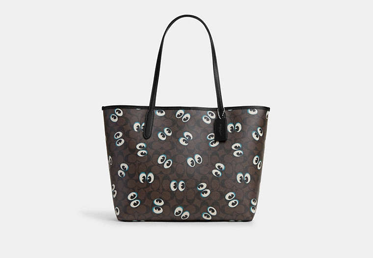 COACH®,CITY TOTE IN SIGNATURE CANVAS WITH HALLOWEEN EYES,pvc,Silver/Brown Black Multi,Front View
