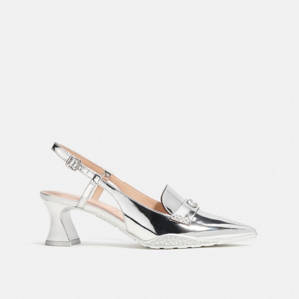 COACH®,NIKOLA HYBRID SLINGBACK IN SILVER METALLIC,Leather,Shine,Silver,Angle View