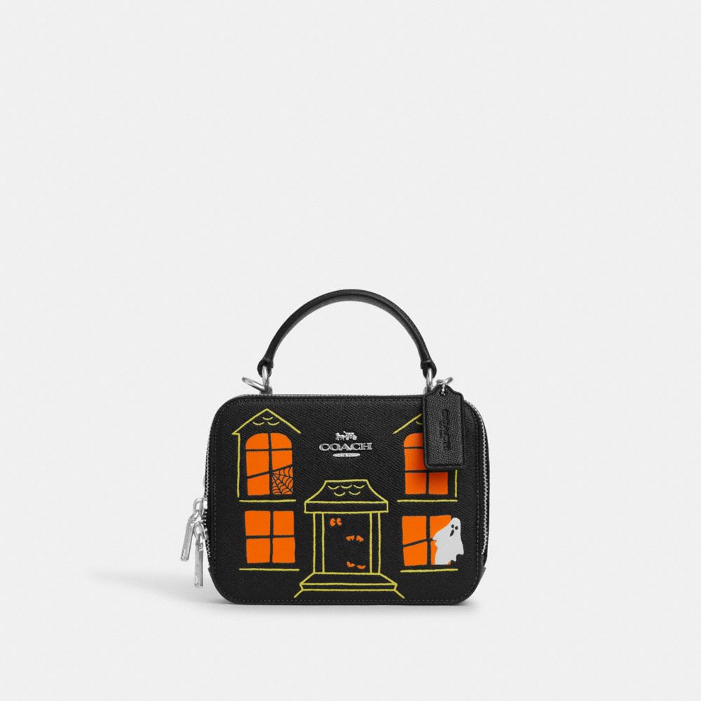 COACH®,BOX CROSSBODY BAG WITH HALLOWEEN HAUNTED HOUSE,Novelty Leather,Small,Silver/Black Multi,Front View