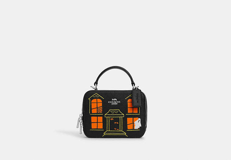 COACH®,BOX CROSSBODY BAG WITH HALLOWEEN HAUNTED HOUSE,Leather,Small,Silver/Black Multi,Front View