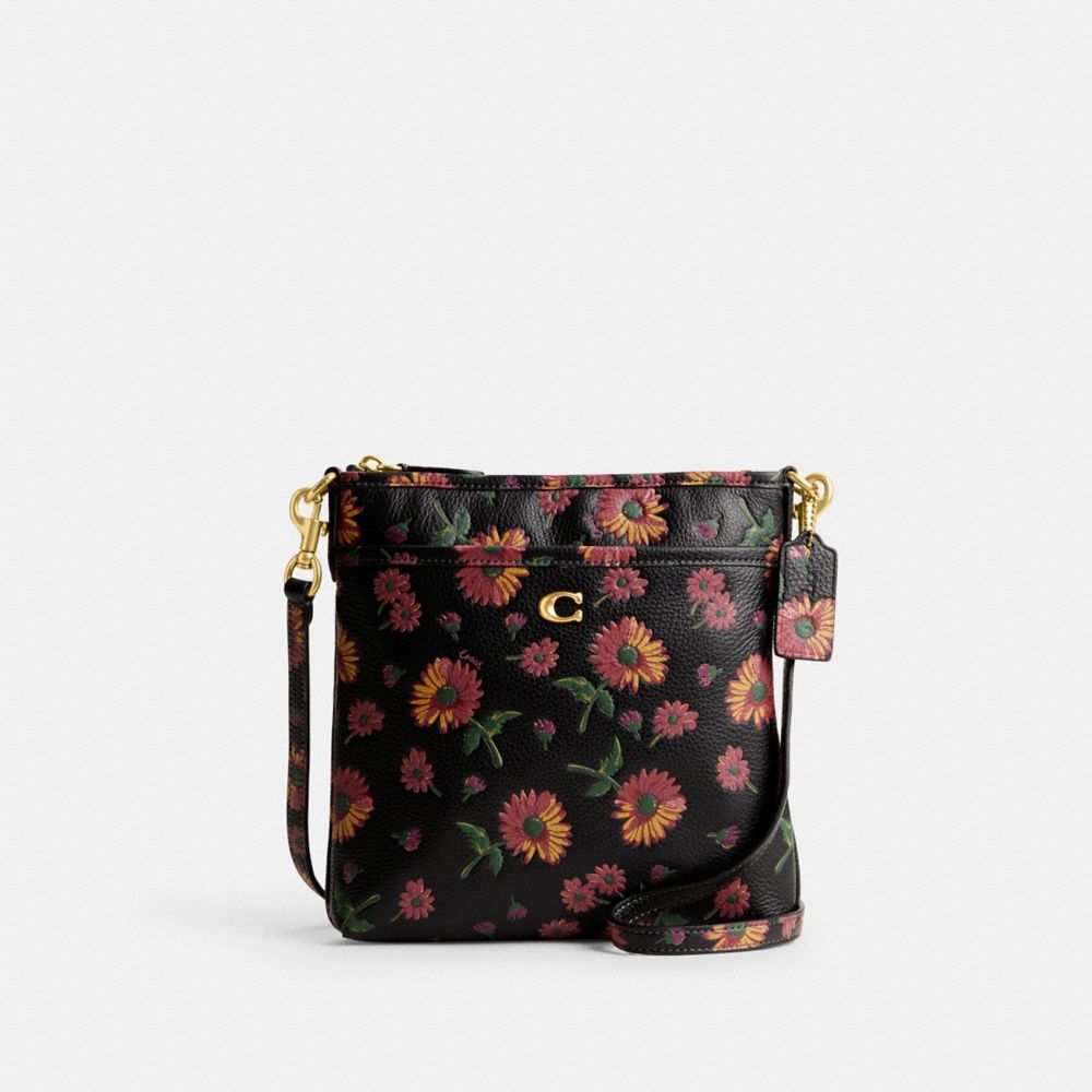 COACH®,KITT MESSENGER CROSSBODY BAG WITH FLORAL PRINT,Refined Pebble Leather,Small,Brass/Black Multi,Front View