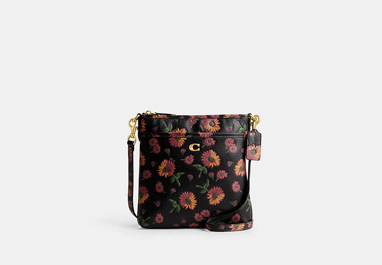 COACH®,KITT MESSENGER CROSSBODY WITH FLORAL PRINT,Small,Brass/Black Multi,Front View