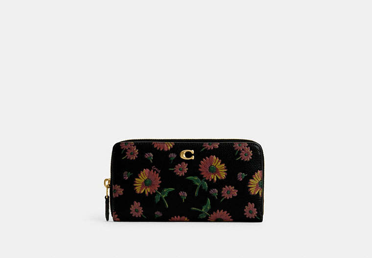 COACH®,ACCORDION ZIP WALLET WITH FLORAL PRINT,Small,Brass/Black Multi,Front View