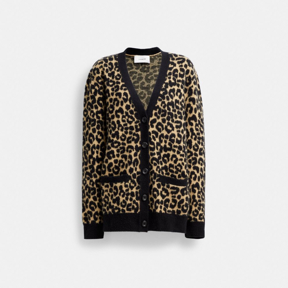 COACH®,LEOPARD CARDIGAN,wool,Tan Multi,Front View