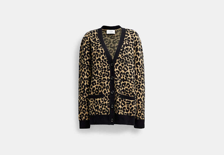 COACH®,LEOPARD CARDIGAN,wool,Tan Multi,Front View image number 0