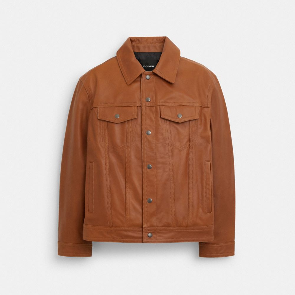 COACH®,LEATHER TRUCKER JACKET,Rust,Front View