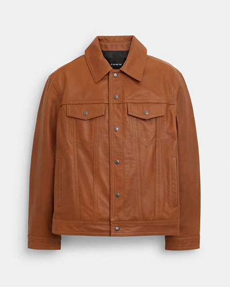 COACH®,LEATHER TRUCKER JACKET,cotton,Rust,Front View