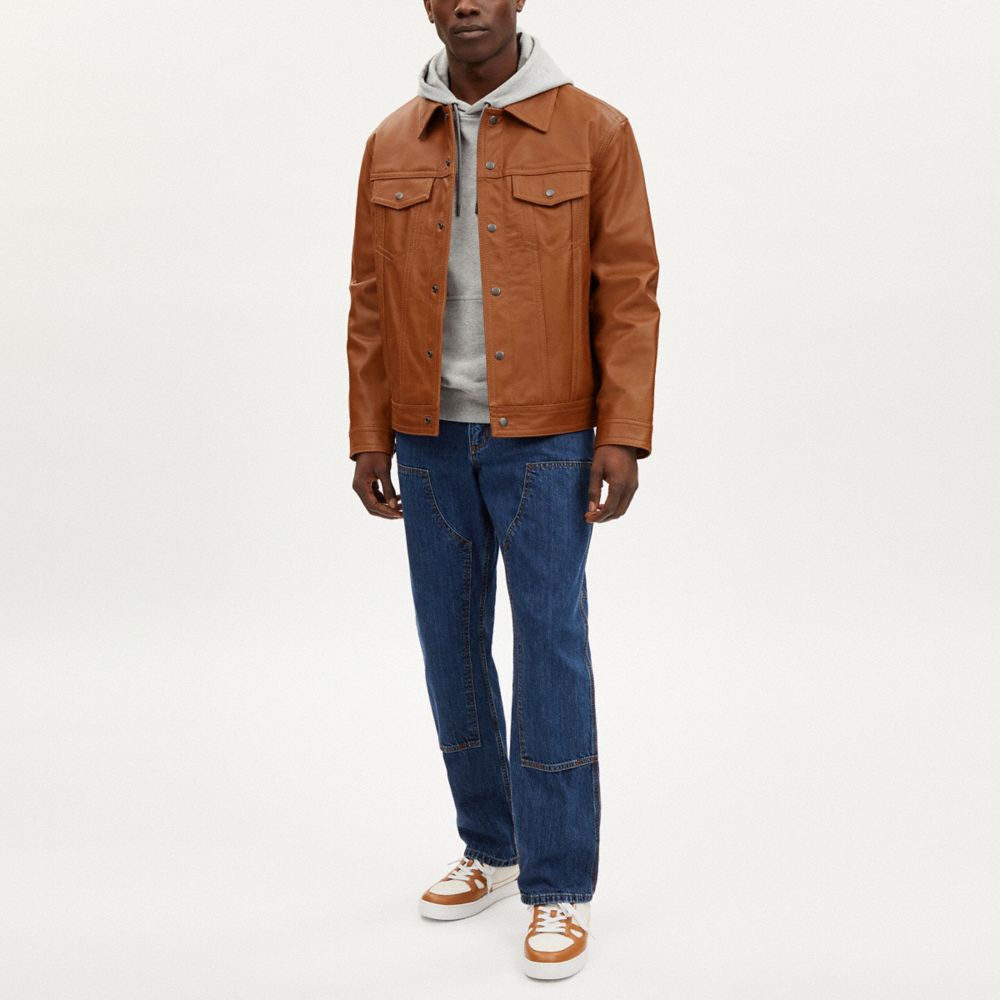 COACH®,LEATHER TRUCKER JACKET,Rust,Scale View