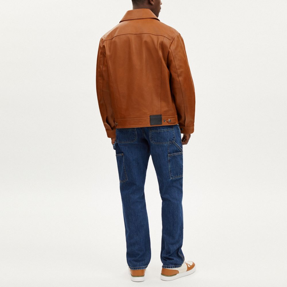 COACH®,LEATHER TRUCKER JACKET,Rust,Scale View