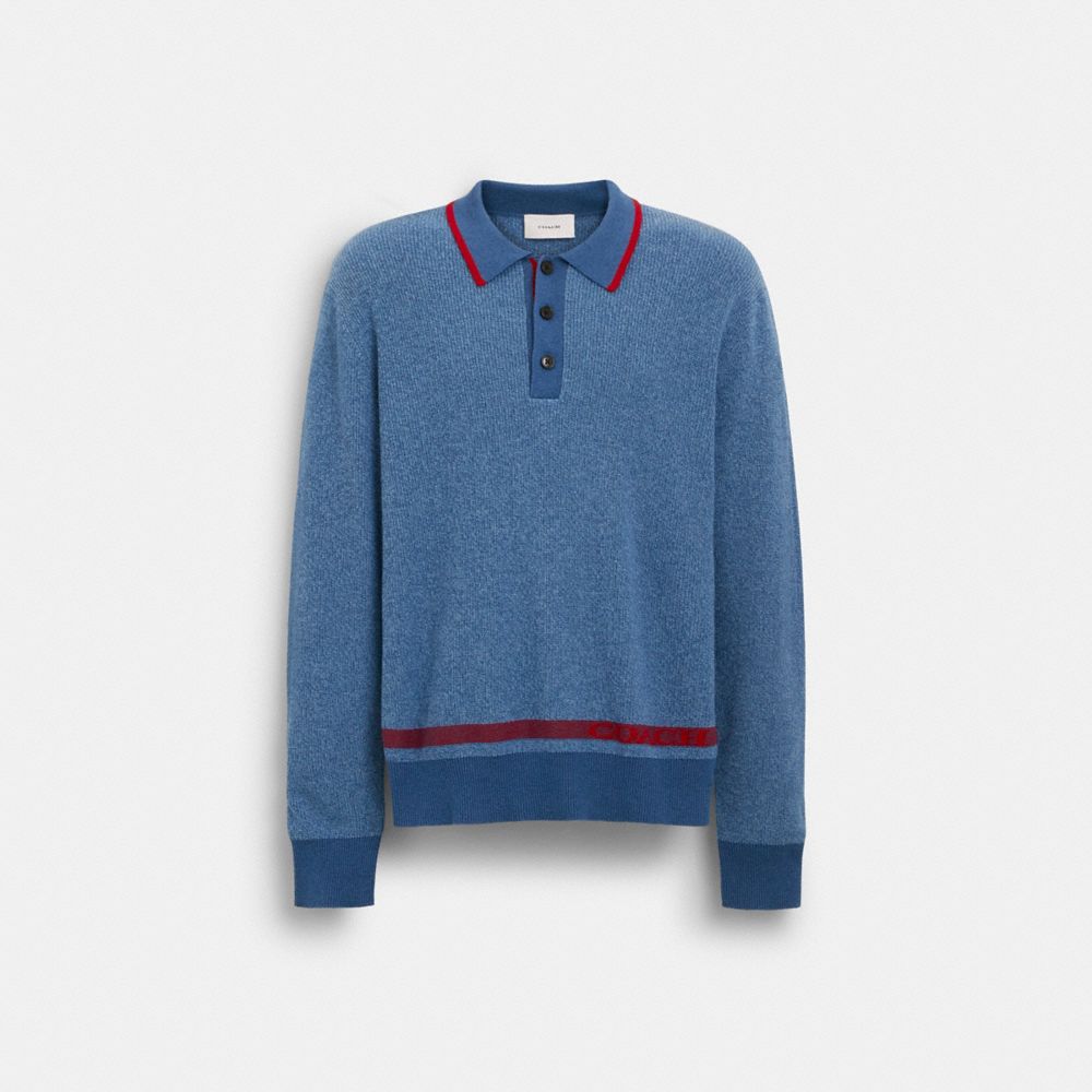 COACH®,KNIT LONG SLEEVE POLO,cotton,Blue/Red,Front View