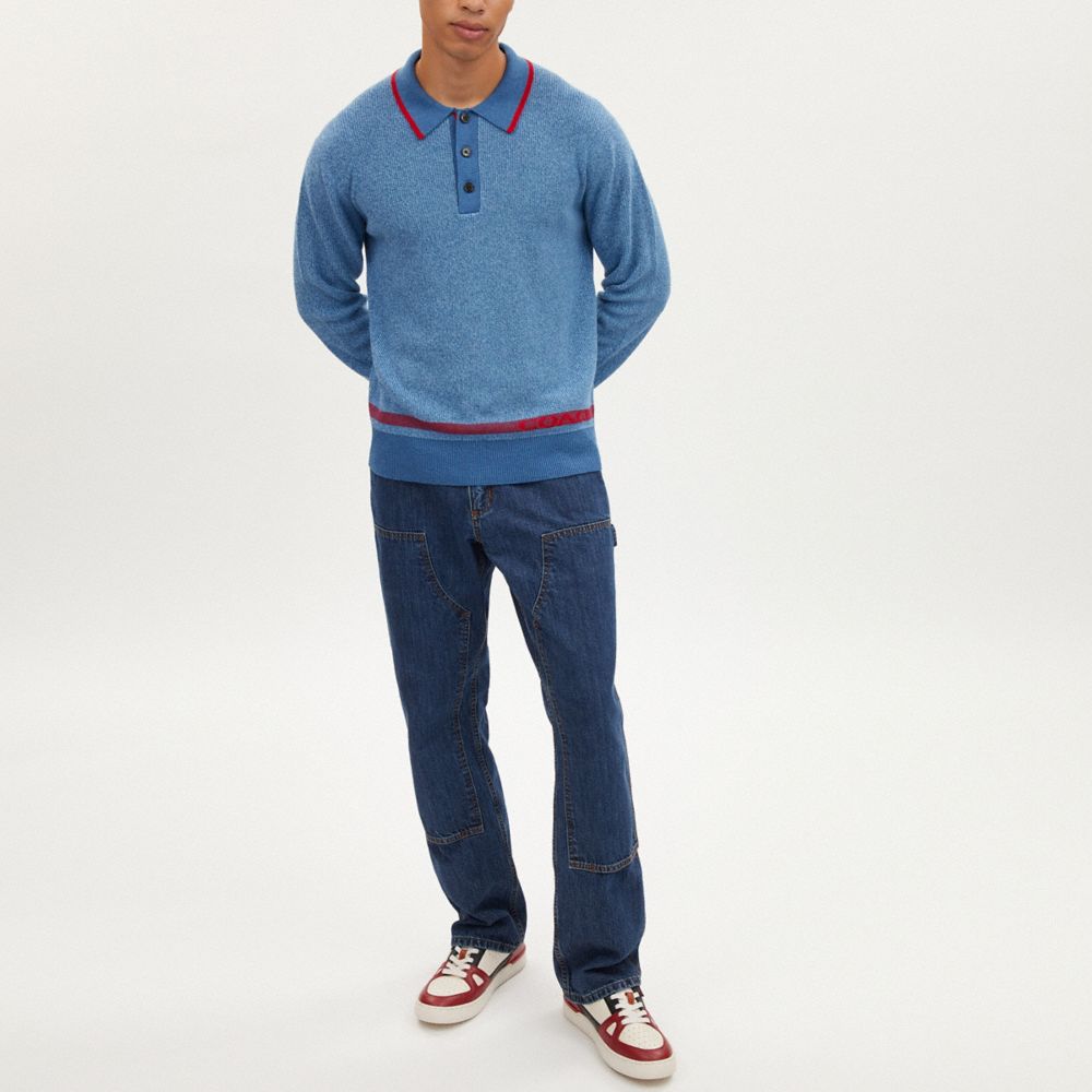 COACH®,KNIT LONG SLEEVE POLO,Blue/Red,Scale View