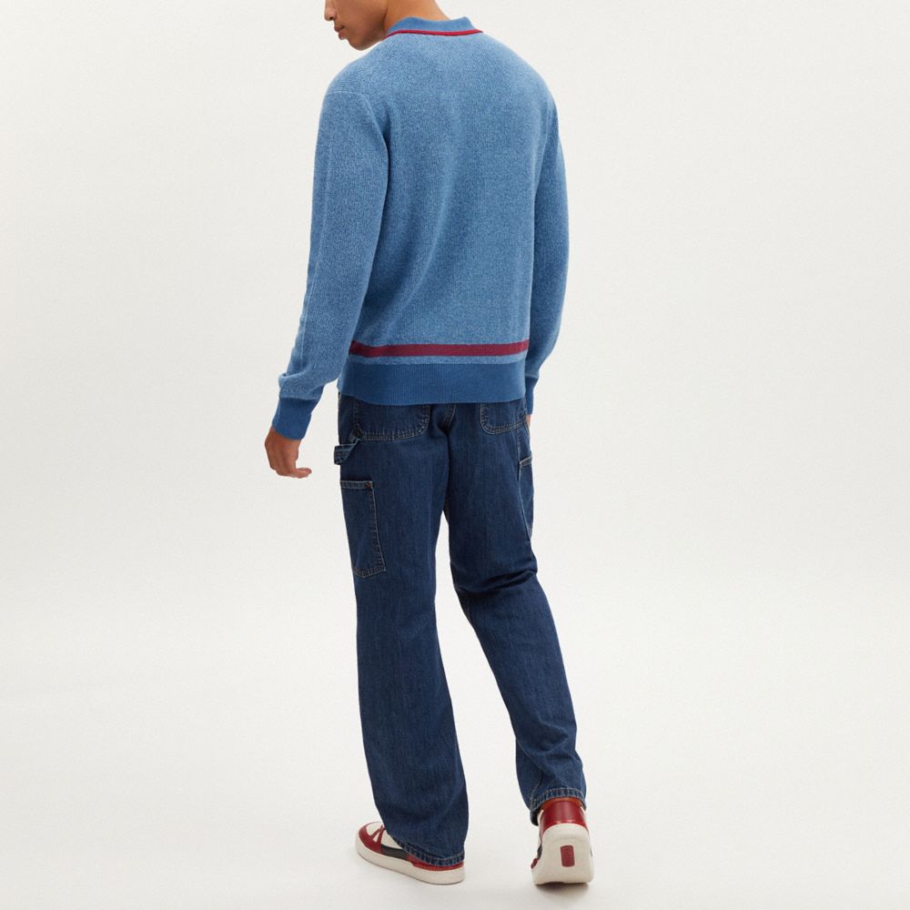 COACH®,KNIT LONG SLEEVE POLO,Blue/Red,Scale View