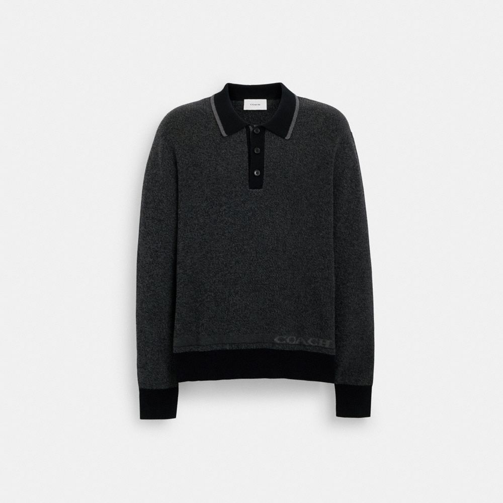 COACH®,KNIT LONG SLEEVE POLO,cotton,Charcoal/Black,Front View