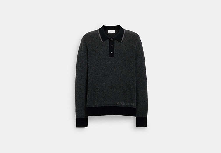 COACH®,KNIT LONG SLEEVE POLO,cotton,Charcoal/Black,Front View