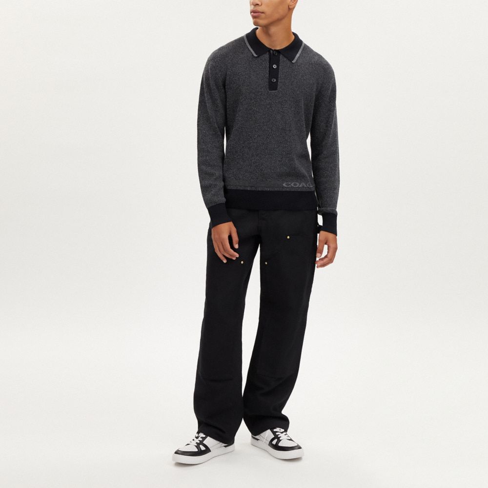 COACH®,KNIT LONG SLEEVE POLO,cotton,Charcoal/Black,Scale View