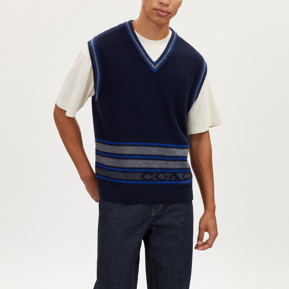 COACH®,SWEATER VEST,Navy/Grey,Scale View